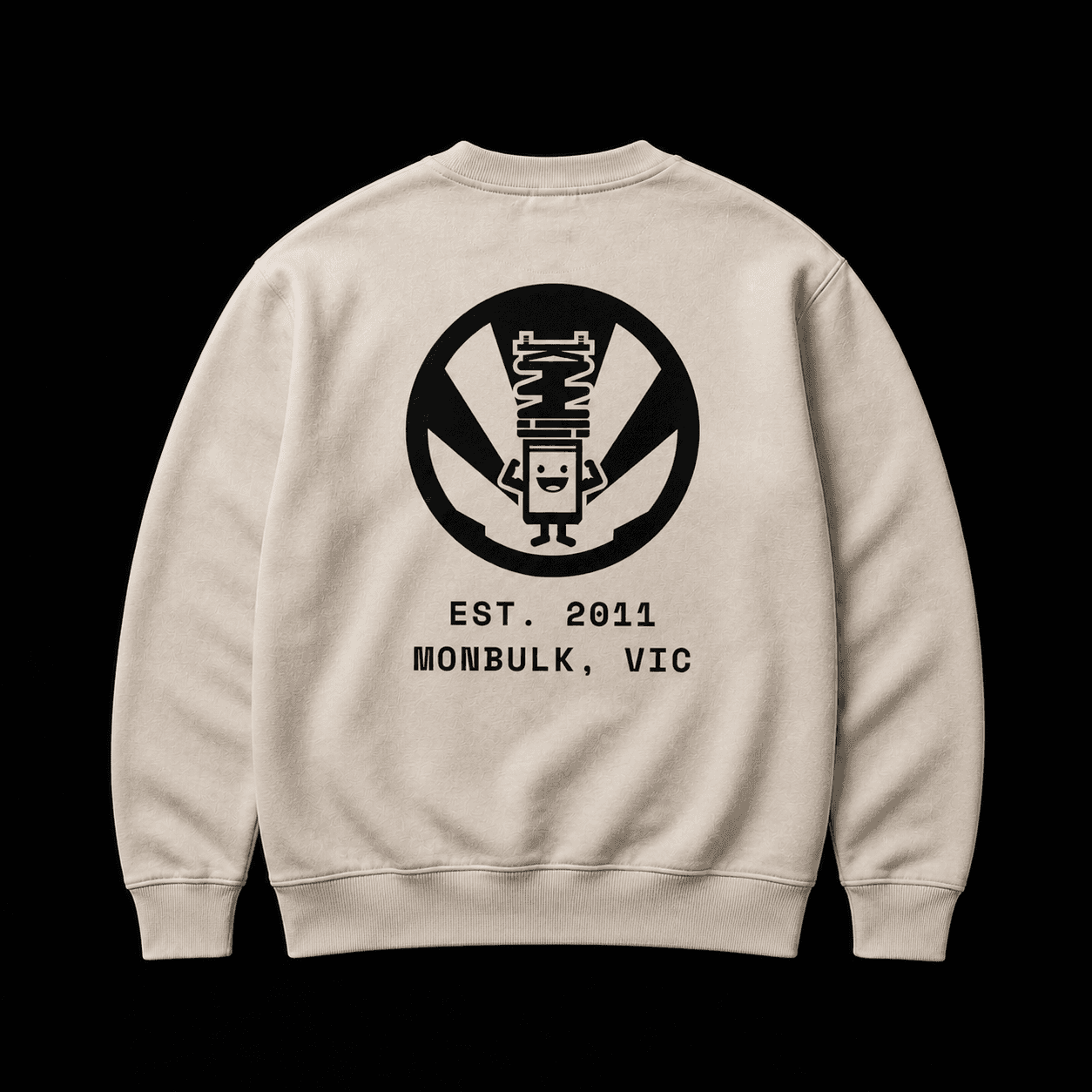 Back of an oat Shockworks crew-neck sweatshirt with a black piston mascot