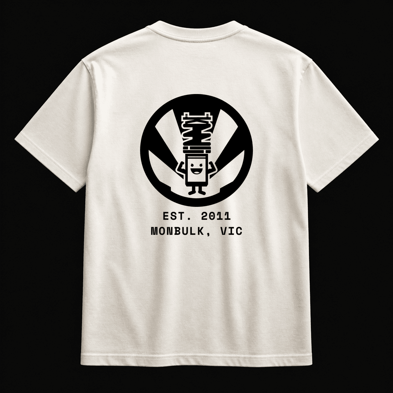 Back of a bone tee with the black Shockworks piston mascot