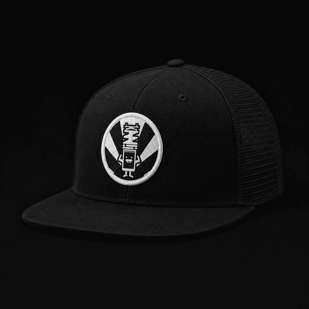 Black trucker cap with a white Shockworks piston mascot patch