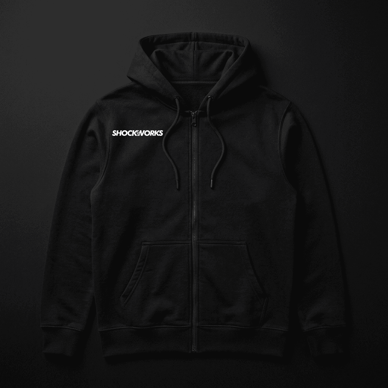Black zip hoodie with a white Shockworks chest mark