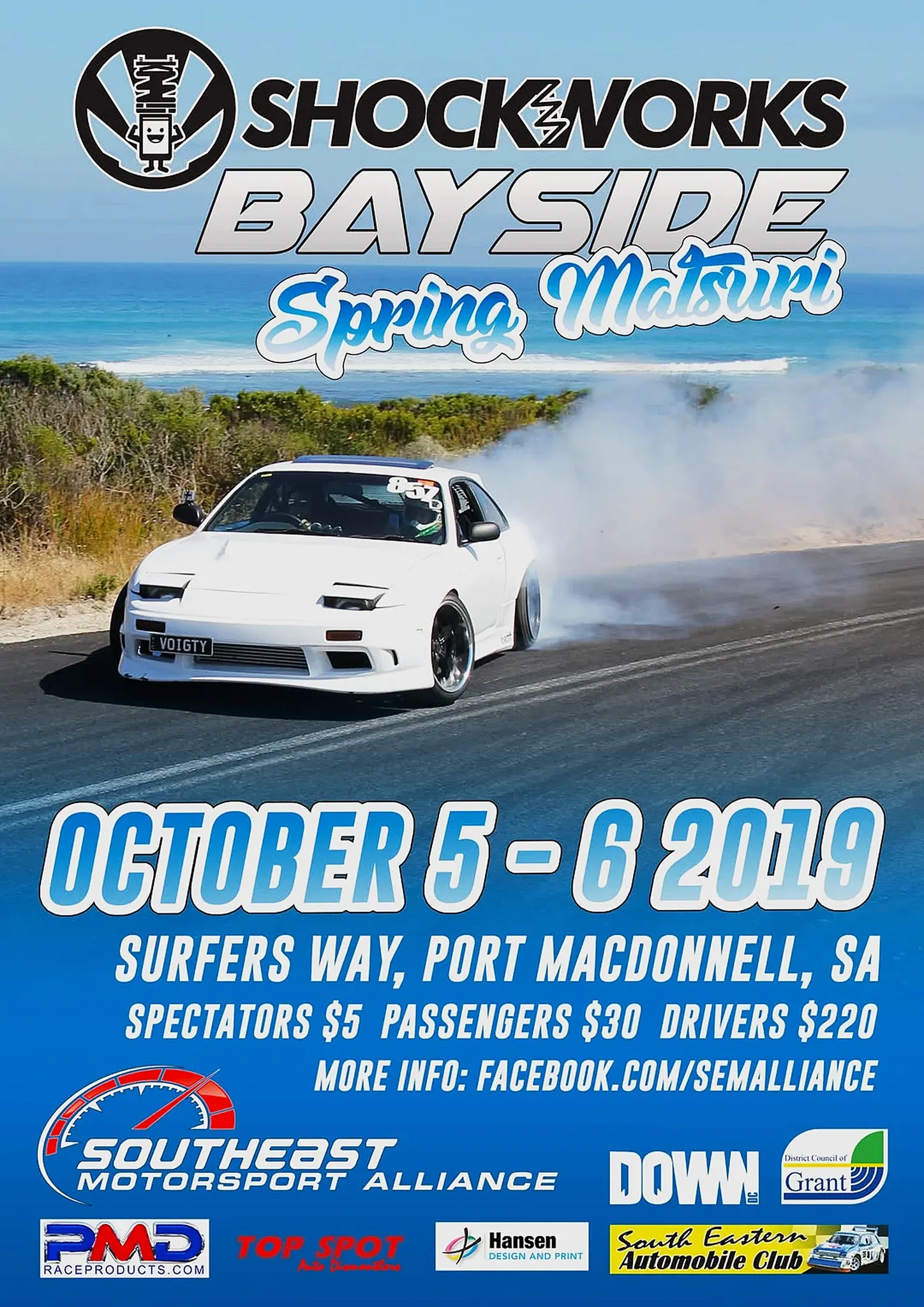 The Shockworks Bayside Spring Matsuri 2019 poster: a white 180SX drifting the Port MacDonnell coast road under the Shockworks logo, October 5 and 6 2019, Surfers Way
