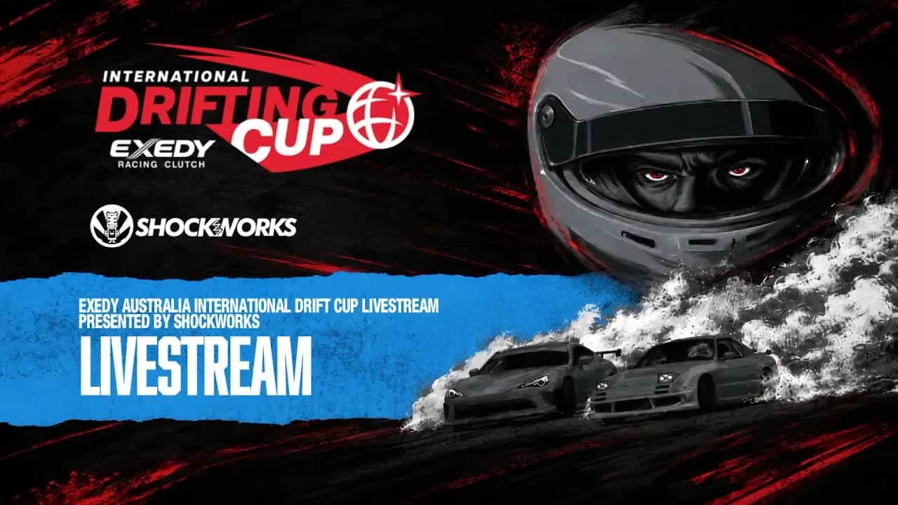 The Drifting Cup livestream title card: the International Drifting Cup and Shockworks marks over two cars sideways in smoke