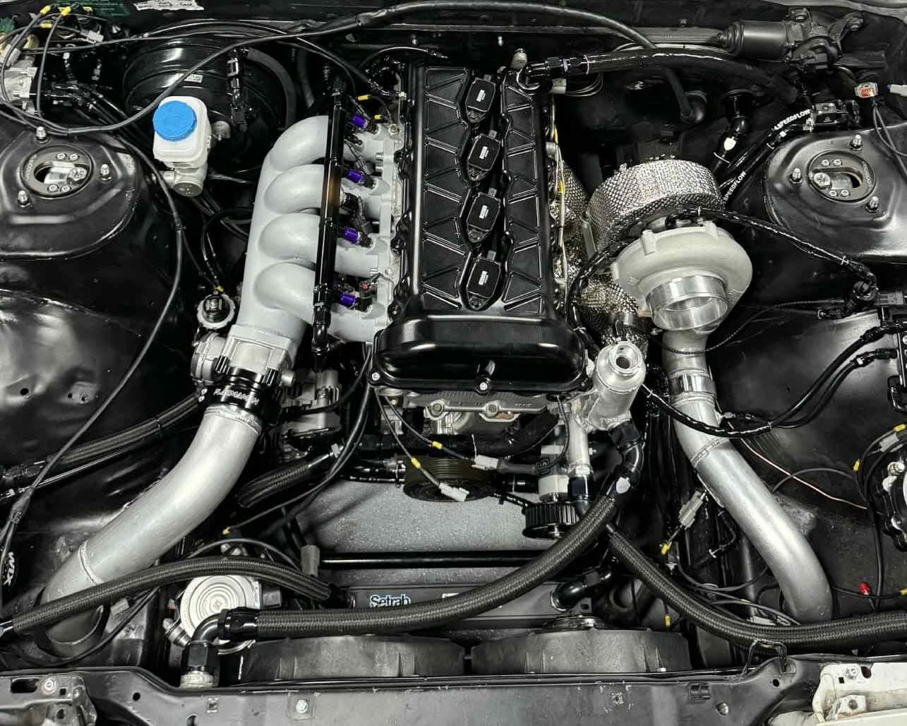 MT Performance Engines billet VE in the S13 engine bay: large turbo, Weldspeed intake, Kiwi CNC rocker cover
